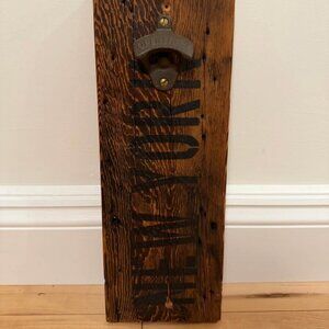 Wall Mounted Beer Bottle Opener - "New York" on Distressed Wood